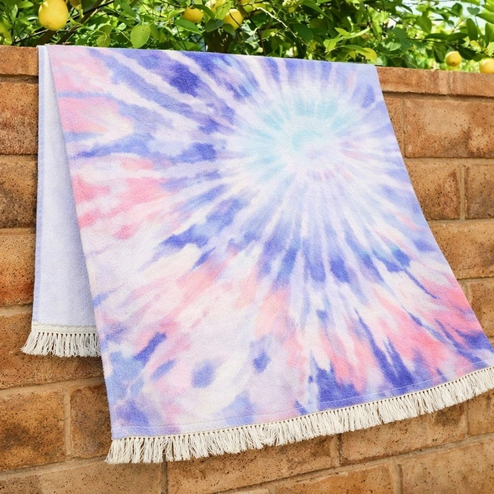 L*Space Beach Towel Tie Dye Purple Blue Cotton Fringe‎ NEW